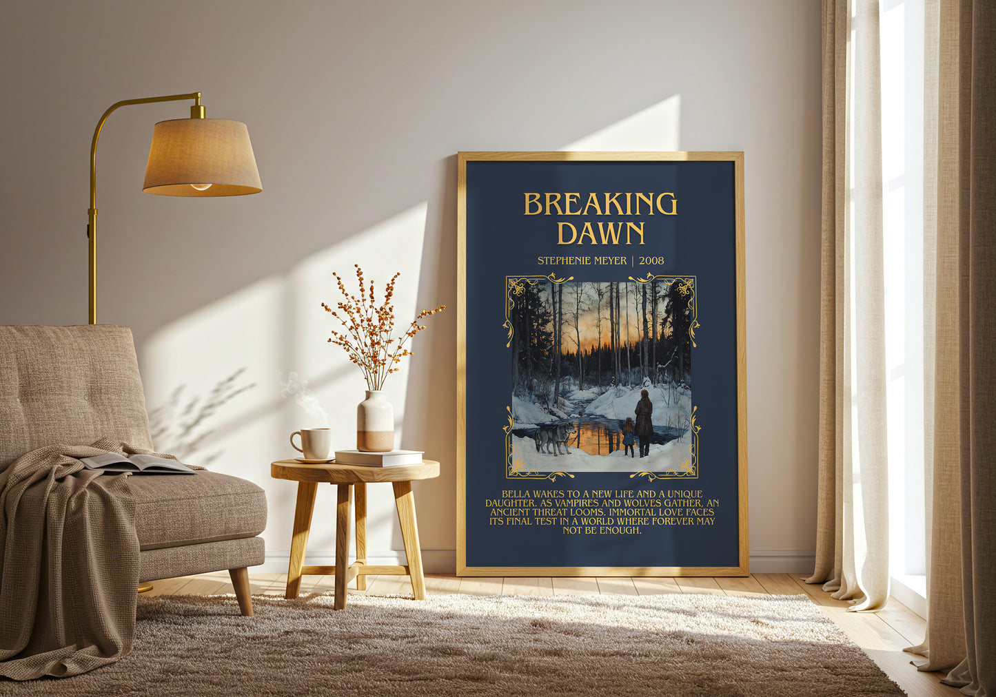 Breaking Dawn minimalist print in frame leaning in hallway – romance wall art