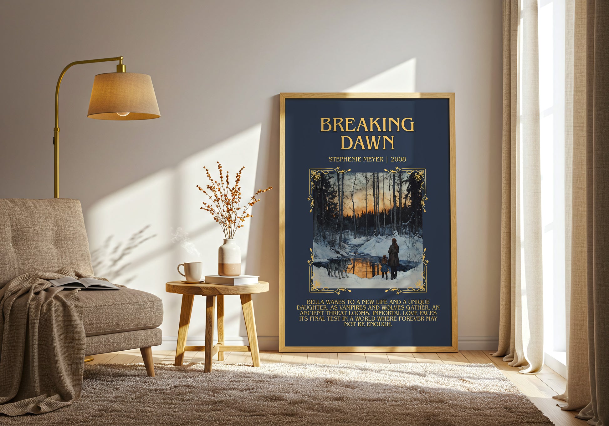 Breaking Dawn minimalist print in frame leaning in hallway – romance wall art