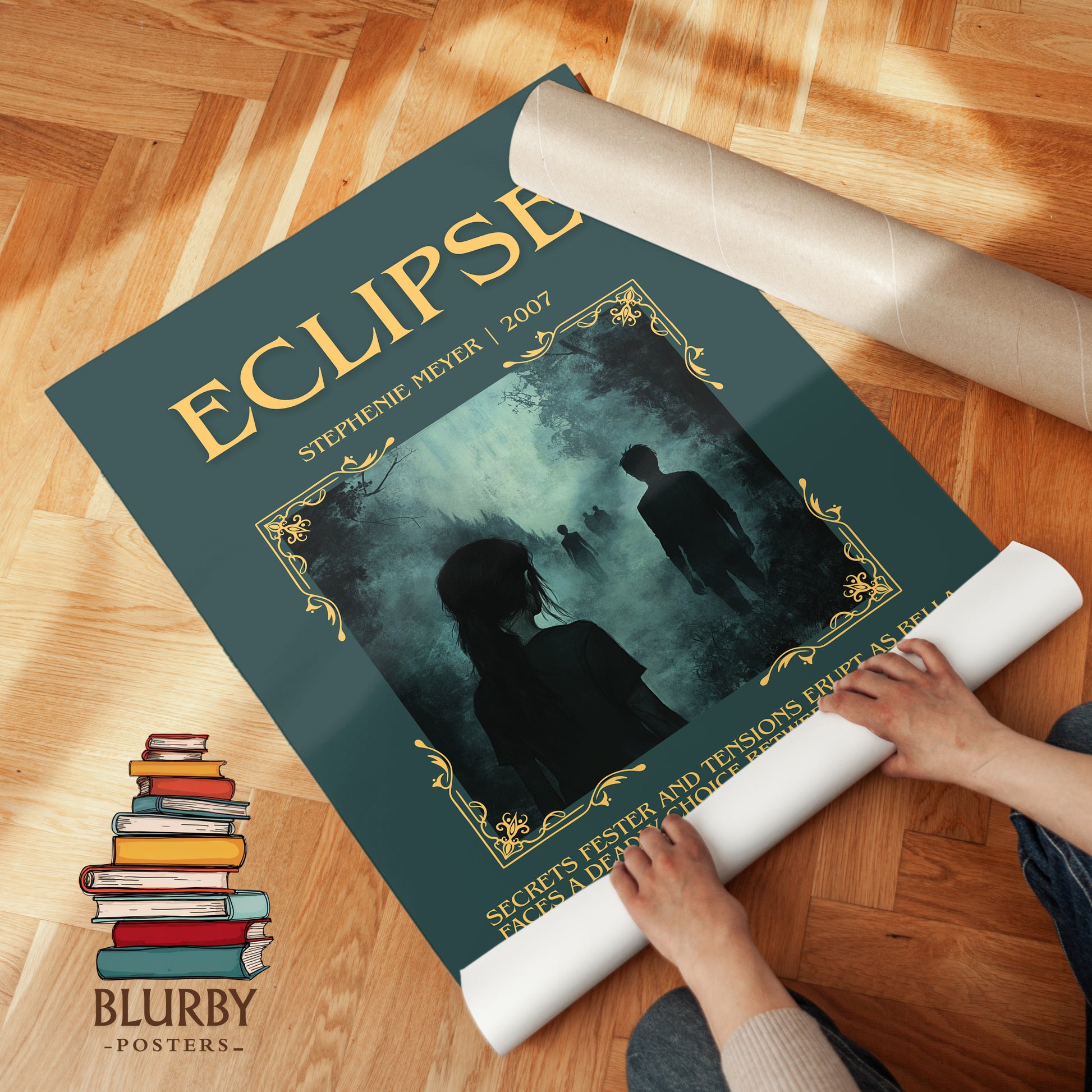 Eclipse minimalist print on bookshelf – Stephenie Meyer fan gift