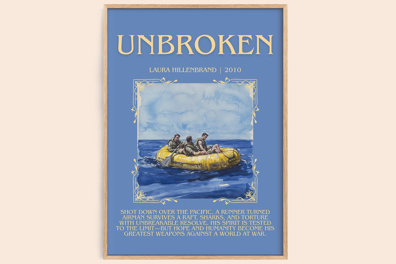 Unbroken minimalist book poster by Laura Hillenbrand – framed literary art print