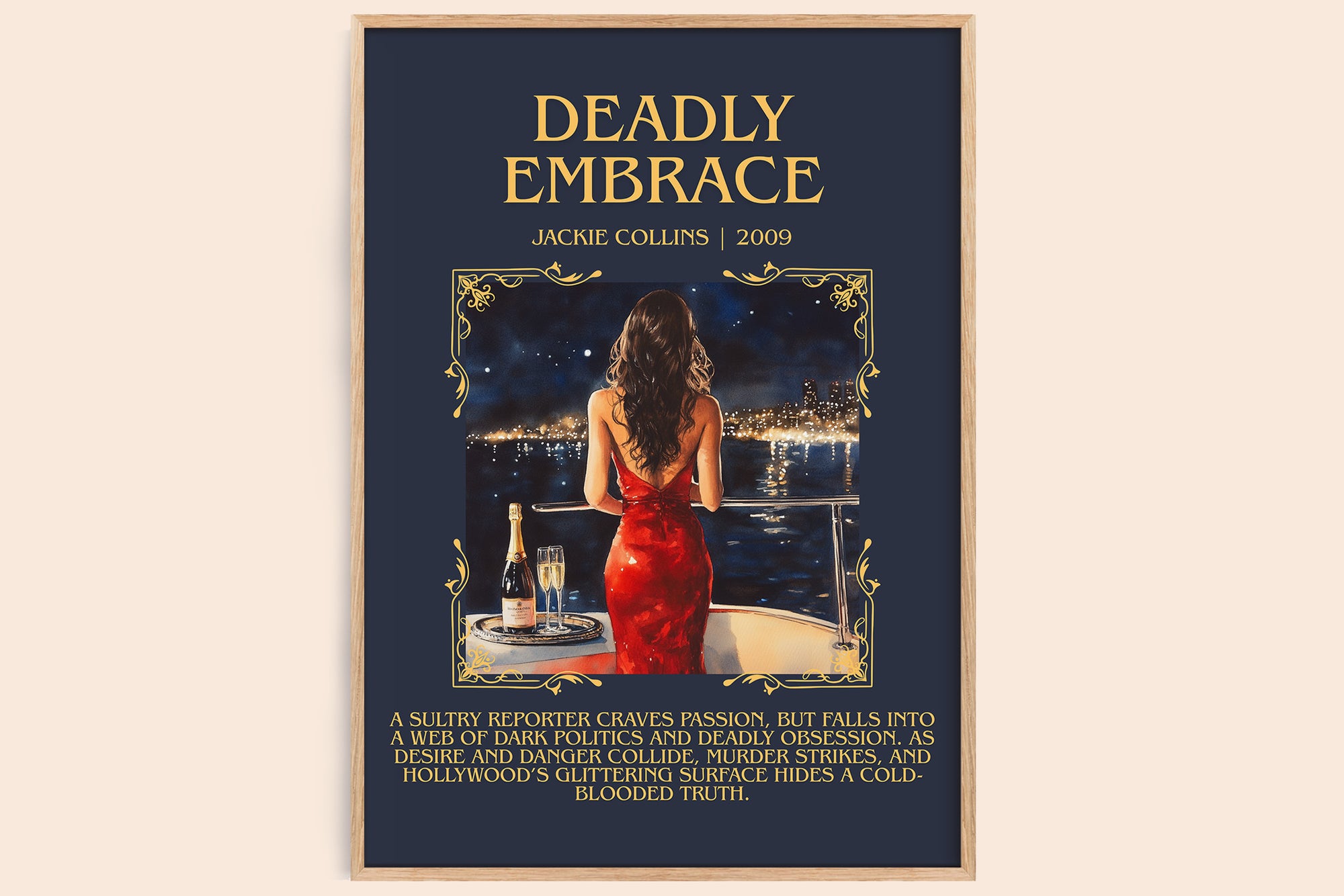 Deadly Embrace minimalist book poster by Jackie Collins – framed literary art print
