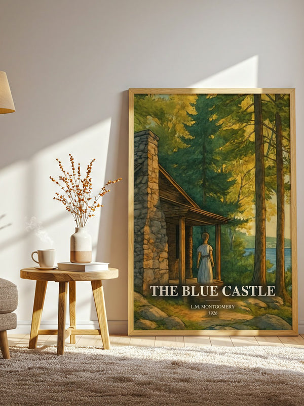 The Blue Castle watercolour print in frame leaning in hallway – romance wall art