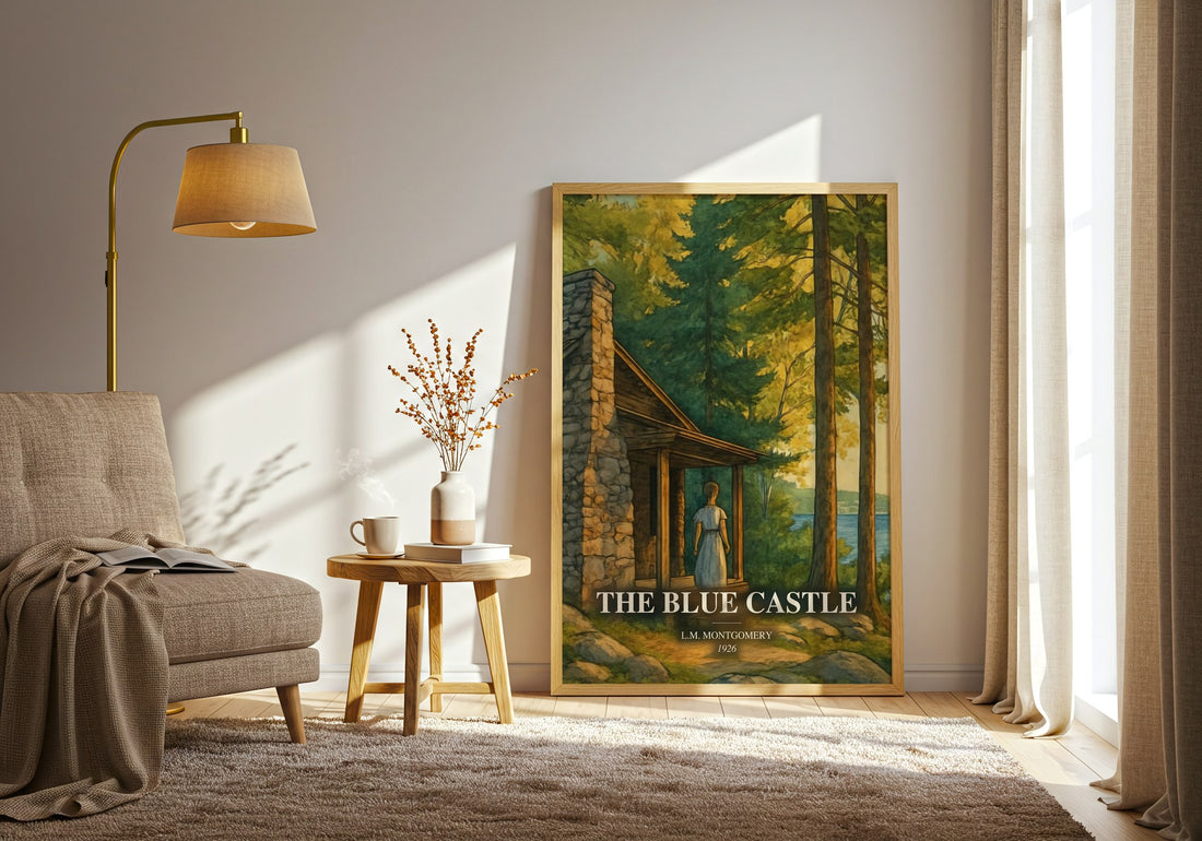 The Blue Castle watercolour print in frame leaning in hallway – romance wall art (mockup)