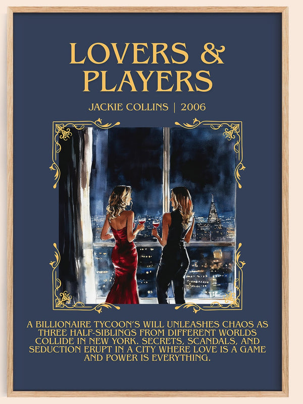 Lovers and Players minimalist book poster by Jackie Collins – framed literary art print