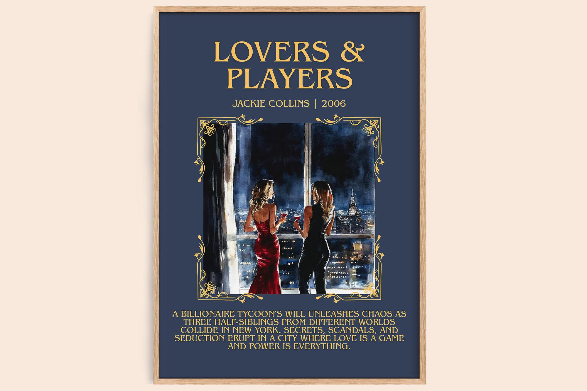 Lovers and Players minimalist book poster by Jackie Collins – framed literary art print