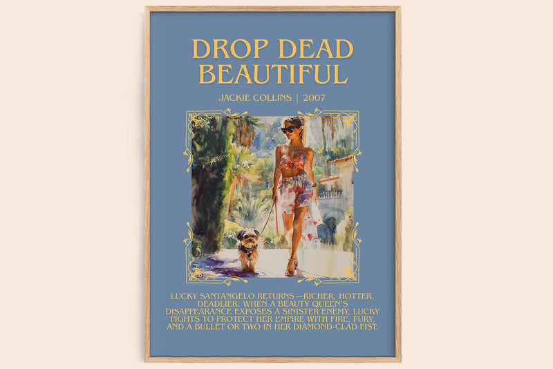 Drop Dead Beautiful minimalist book poster by Jackie Collins – framed literary art print