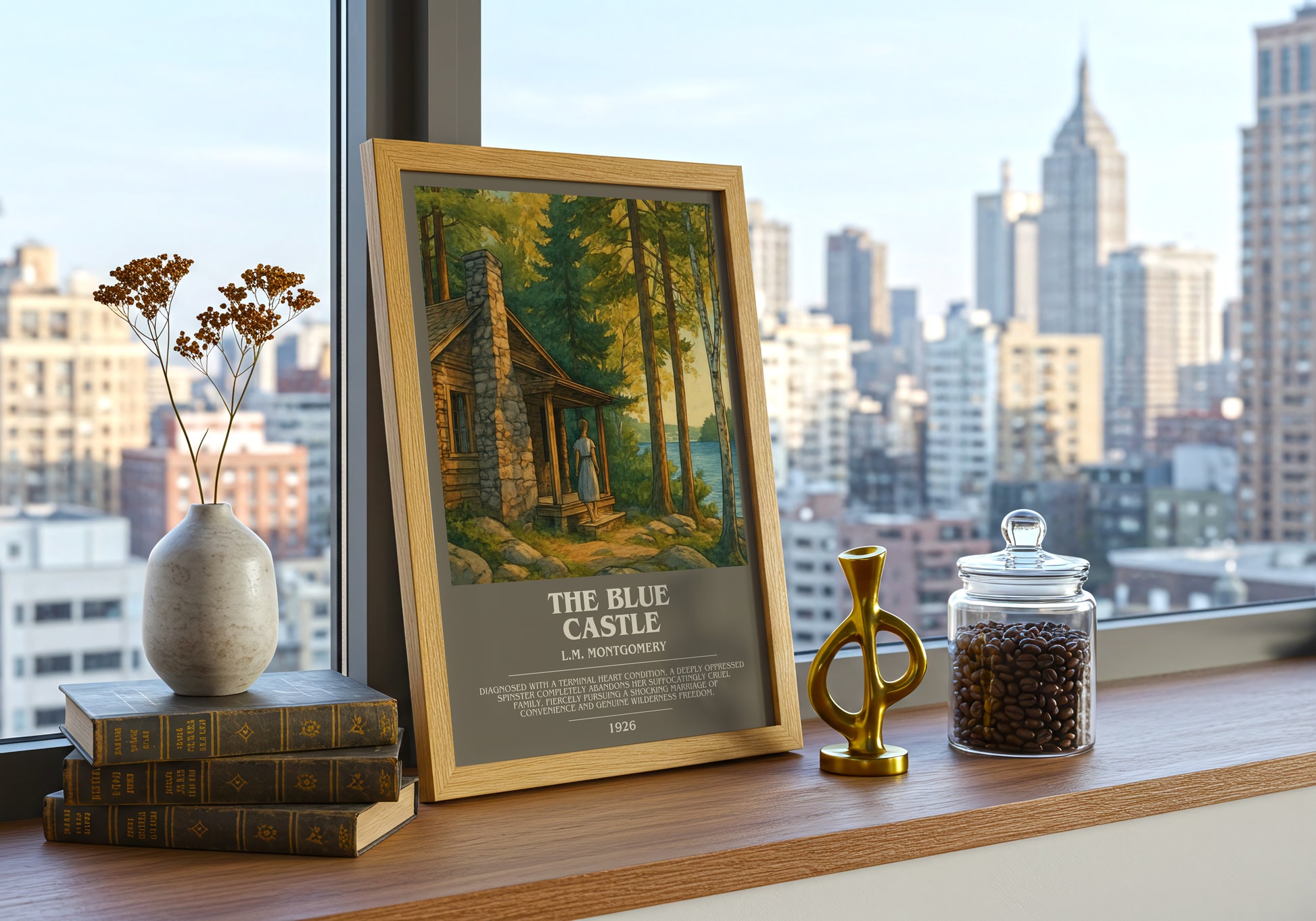The Blue Castle bookish print framed by window – literary home decor