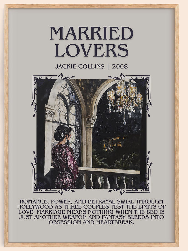 Married Lovers minimalist book poster by Jackie Collins – framed literary art print
