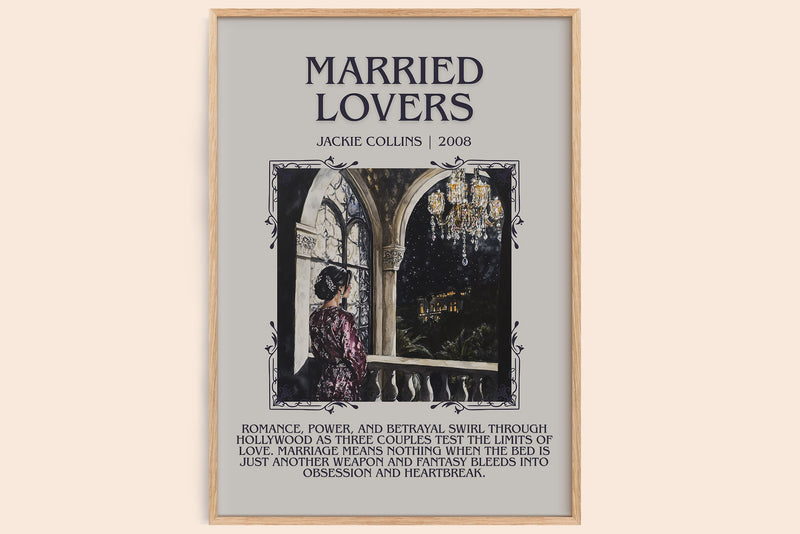 Married Lovers minimalist book poster by Jackie Collins – framed literary art print