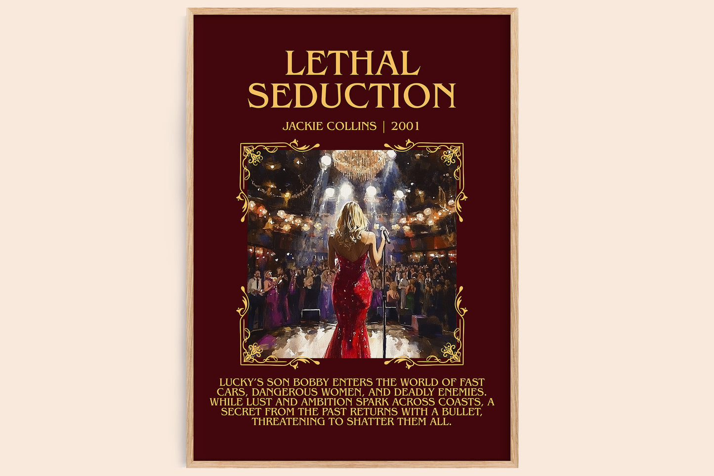 Lethal Seduction minimalist book poster by Jackie Collins – framed literary art print