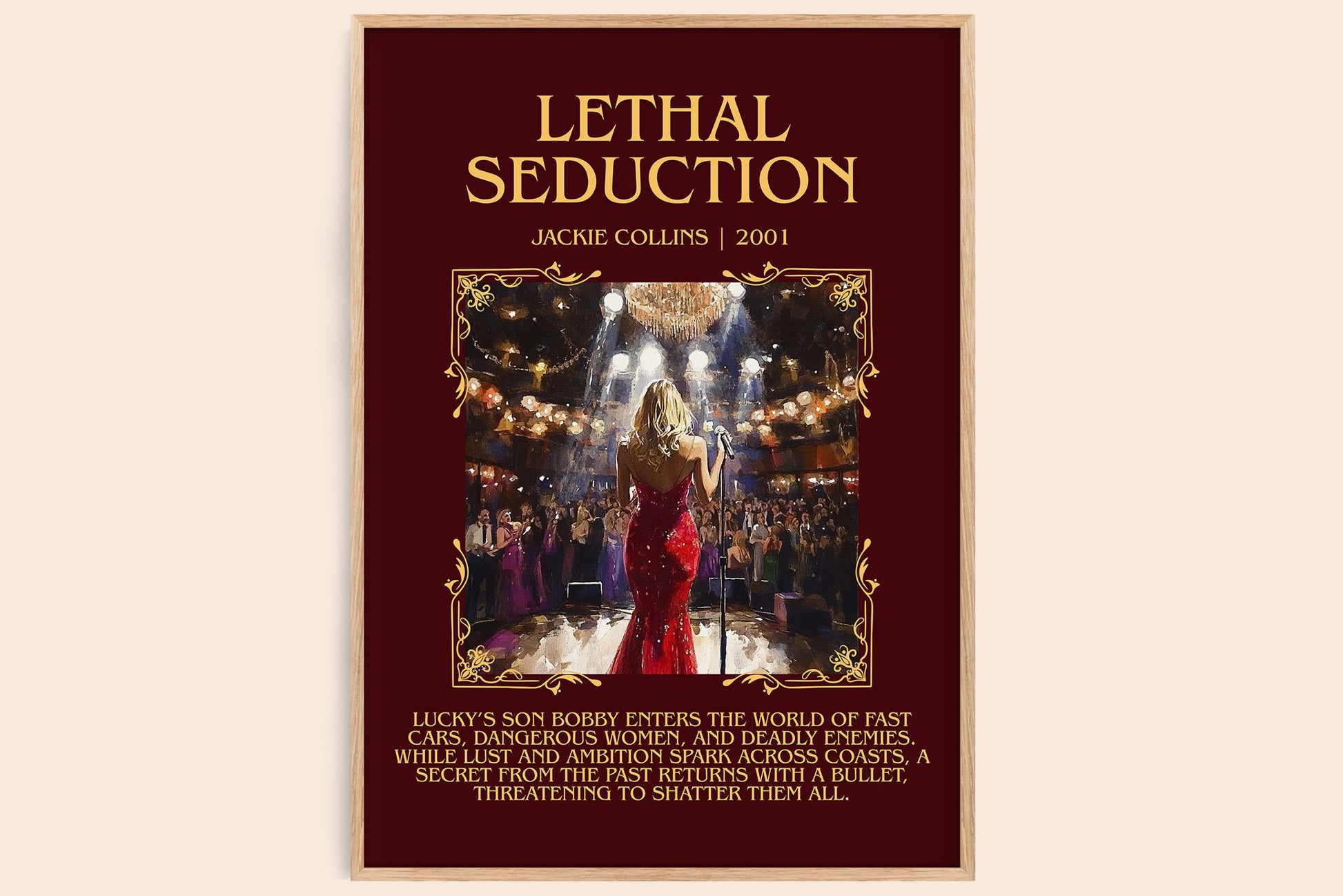 Lethal Seduction minimalist book poster by Jackie Collins – framed literary art print