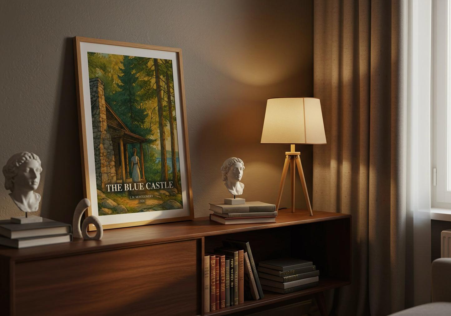 The Blue Castle watercolour print on bookshelf – L.M. Montgomery fan gift