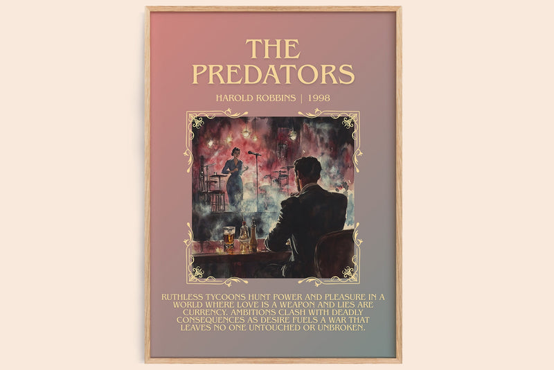 The Predators minimalist book poster by Harold Robbins – framed literary art print
