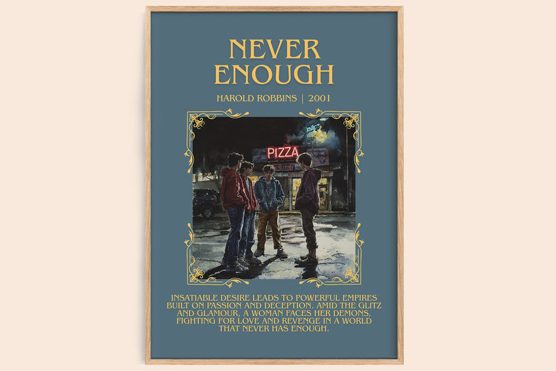 Never Enough minimalist book poster by Harold Robbins – framed literary art print