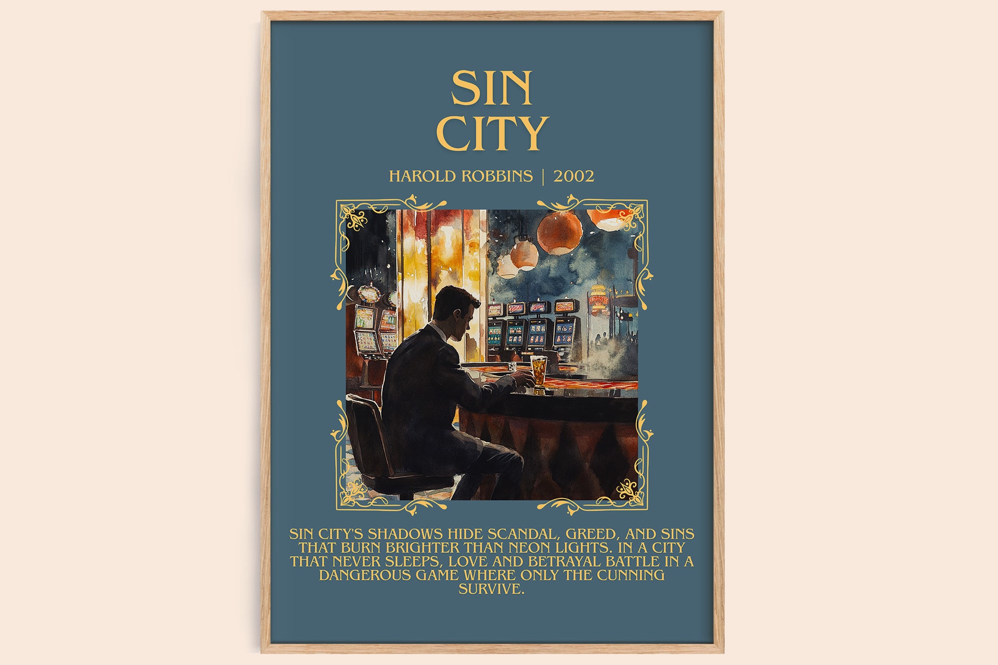 Sin City minimalist book poster by Harold Robbins – framed literary art print