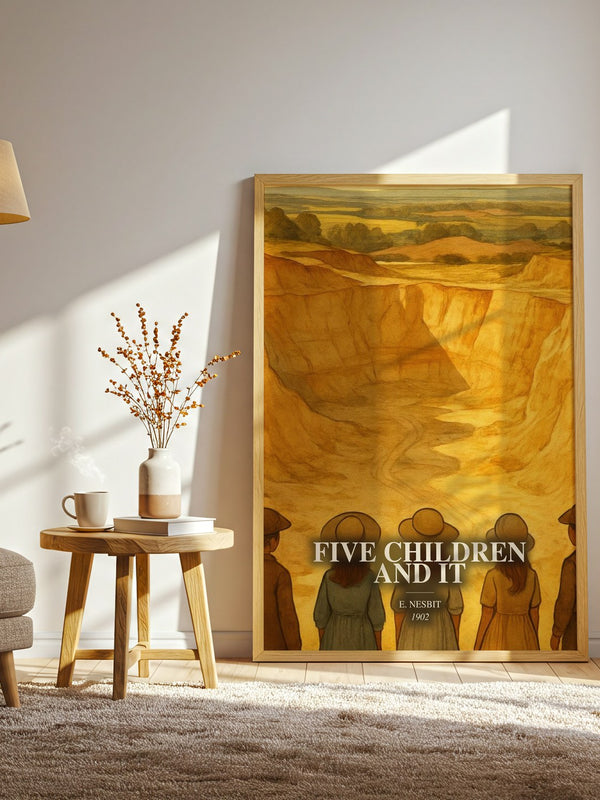Five Children And It watercolour print in frame leaning in hallway – childrens wall art
