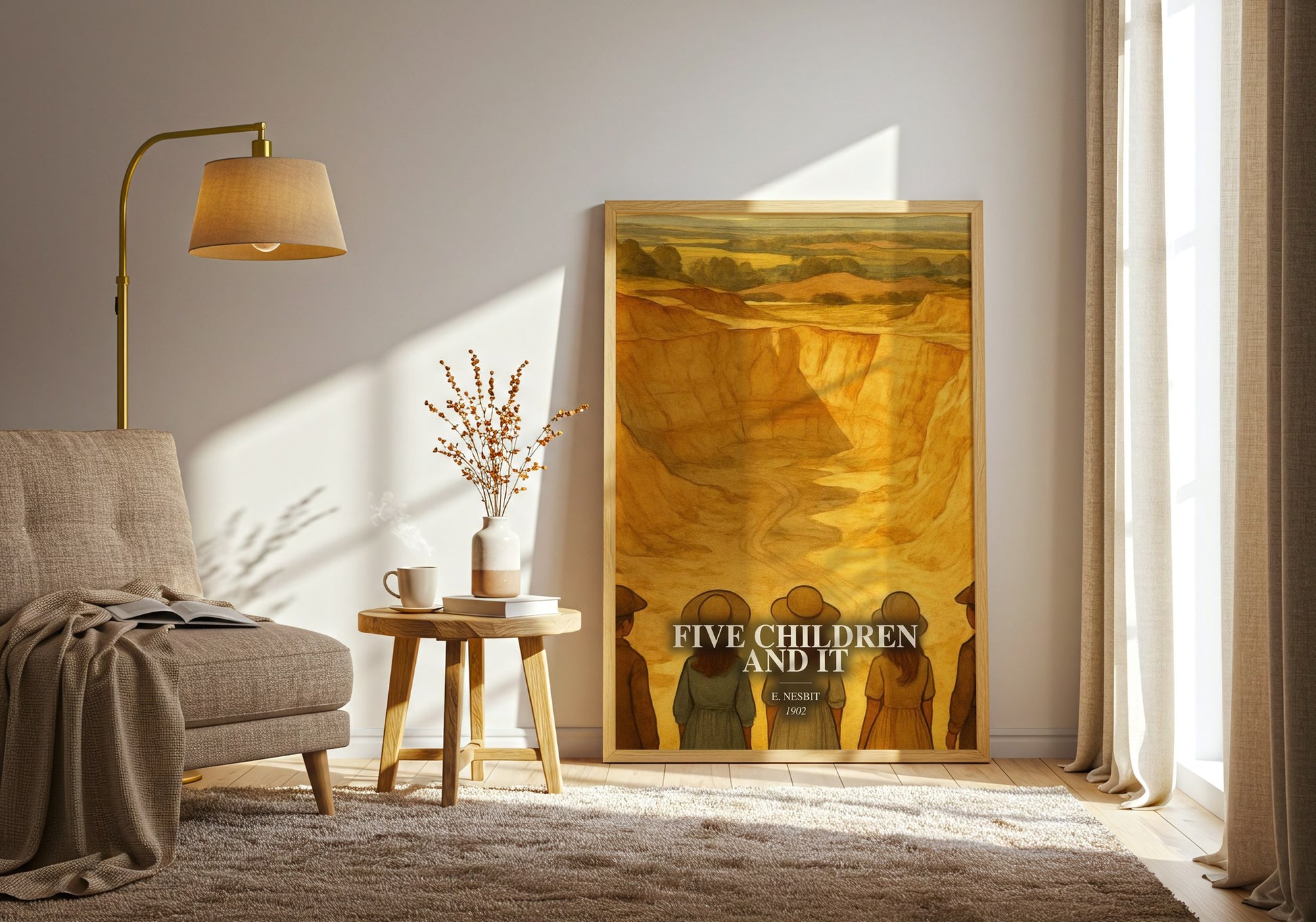 Five Children And It watercolour print in frame leaning in hallway – childrens wall art