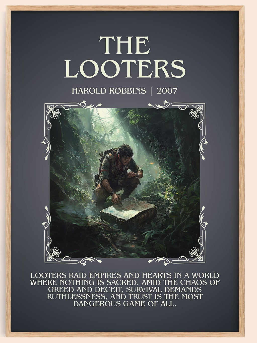 The Looters minimalist book poster by Harold Robbins – framed literary art print