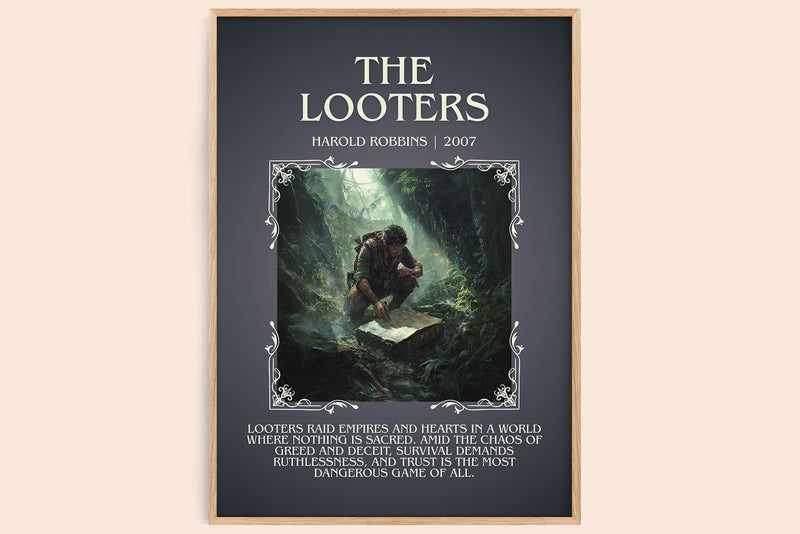 The Looters minimalist book poster by Harold Robbins – framed literary art print