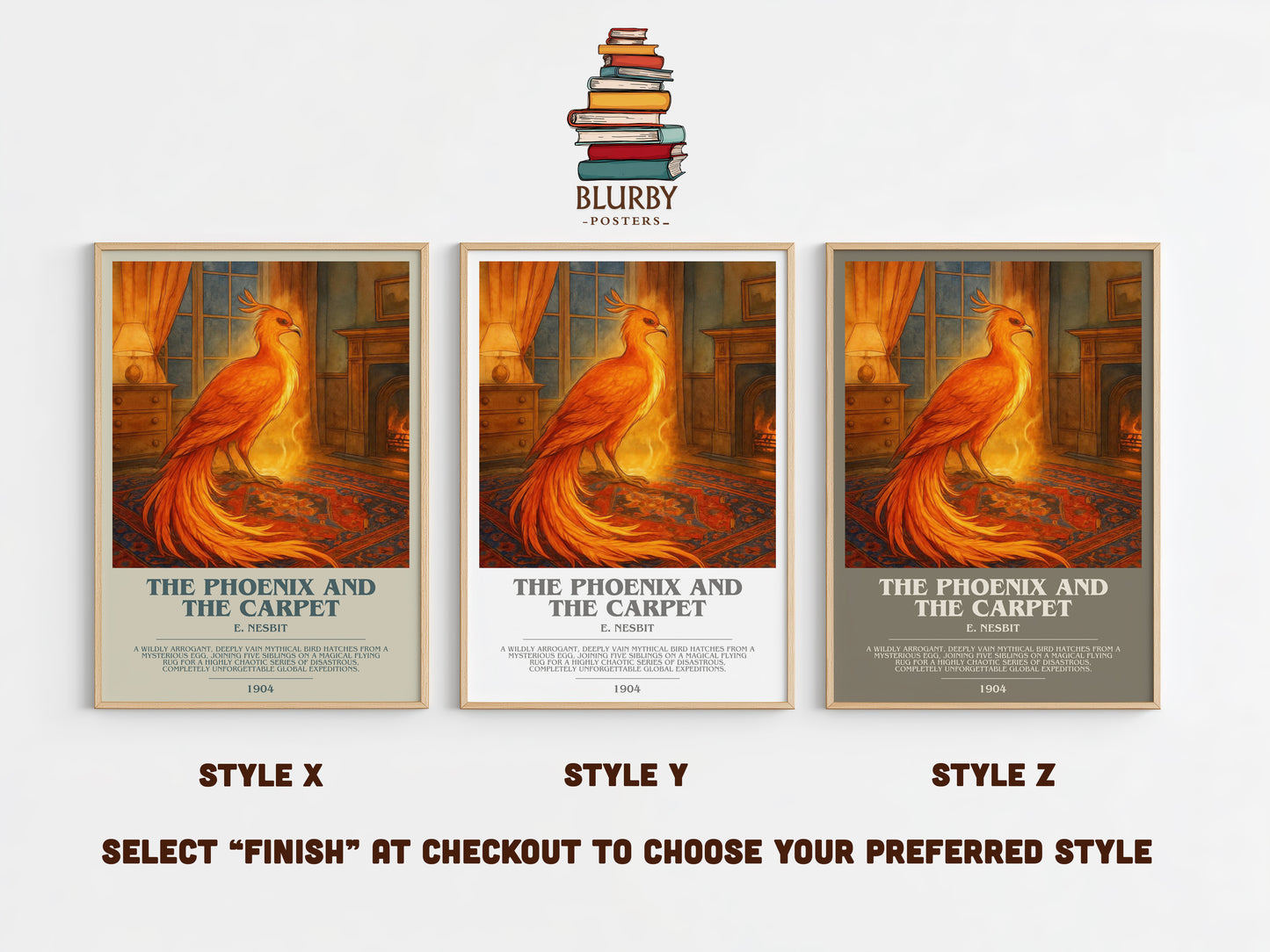 The Phoenix And The Carpet bookish print in frame leaning in hallway – childrens wall art