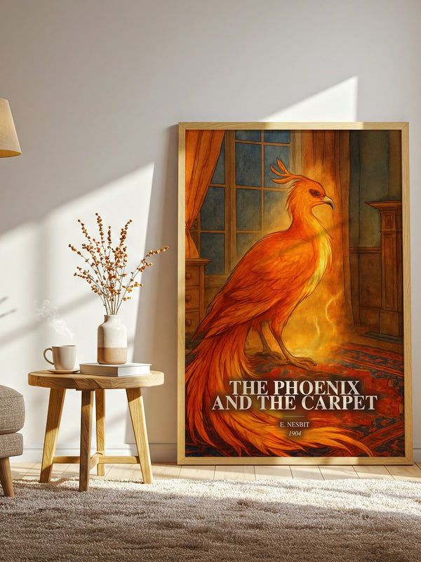 The Phoenix And The Carpet watercolour print in frame leaning in hallway – childrens wall art