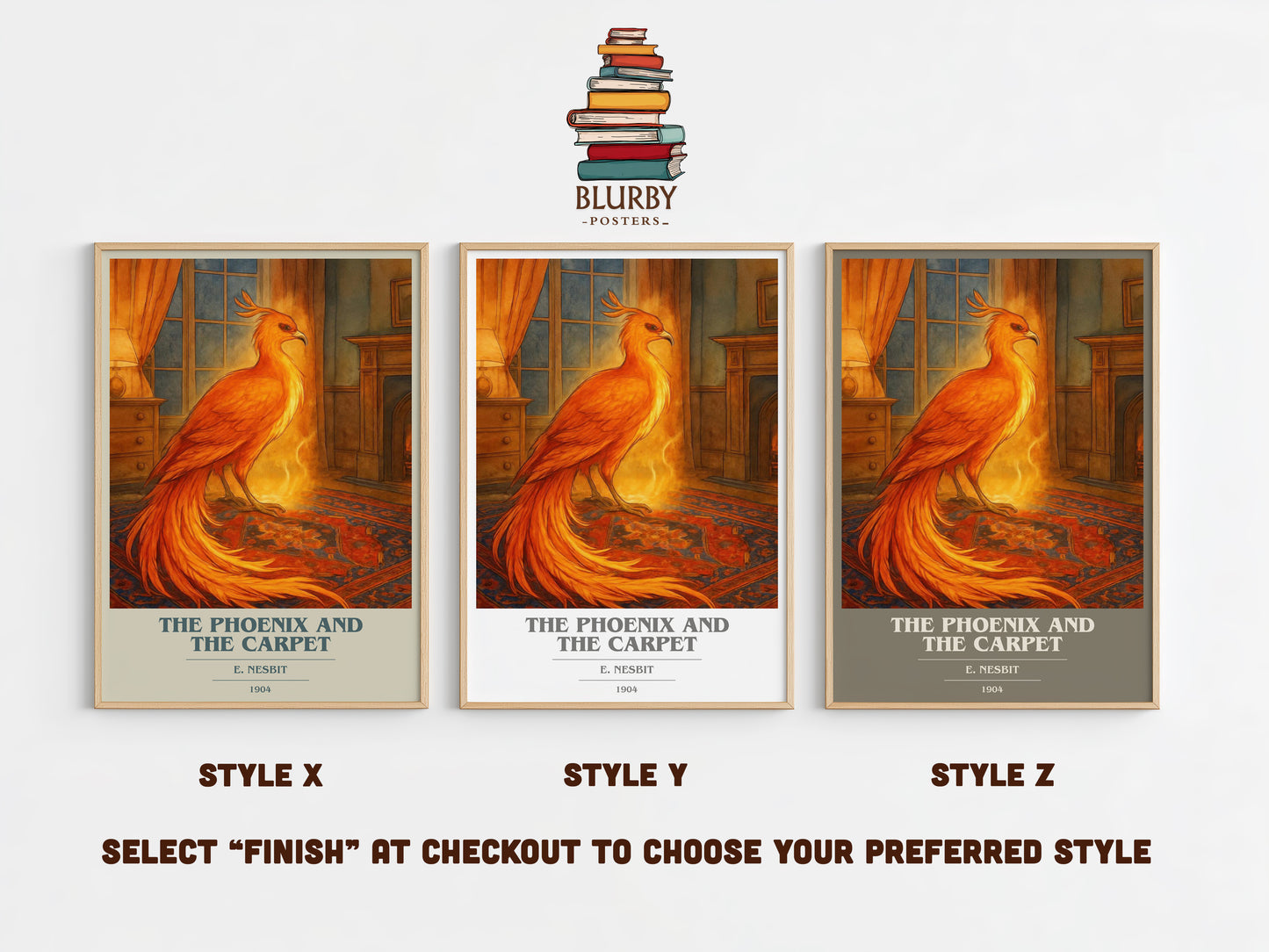 The Phoenix And The Carpet book cover print in frame leaning in hallway – childrens wall art