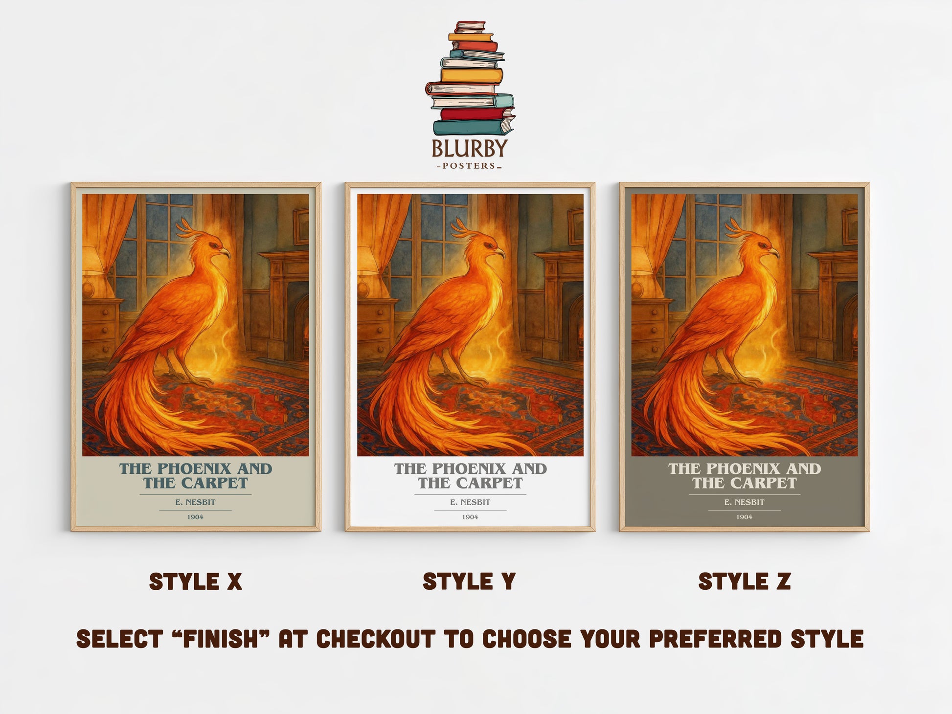 The Phoenix And The Carpet book cover print in frame leaning in hallway – childrens wall art