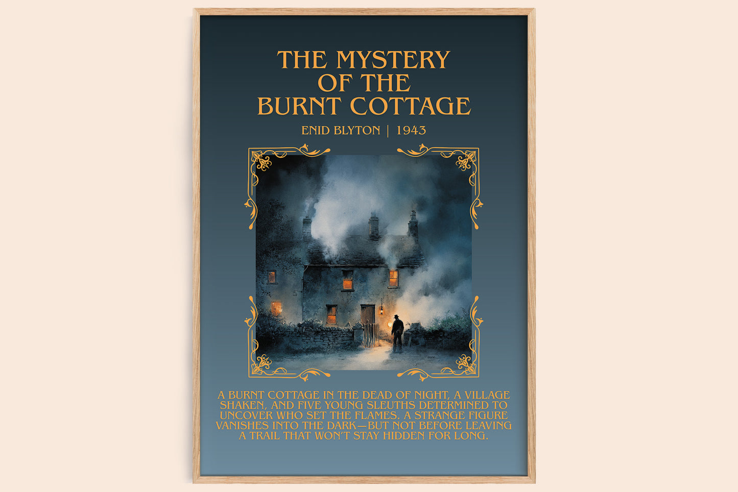 The Mystery of the Burnt Cottage minimalist book poster by Enid Blyton – framed literary art print