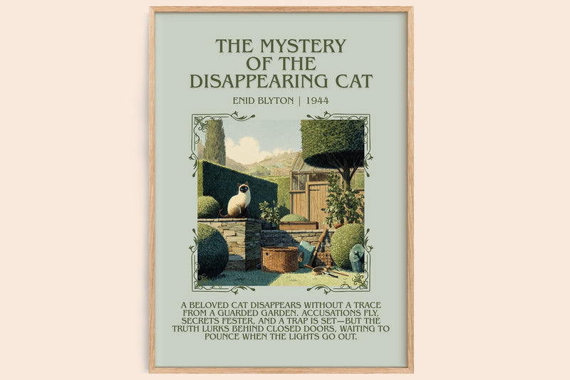 The Mystery of the Disappearing Cat minimalist book poster by Enid Blyton – framed literary art print