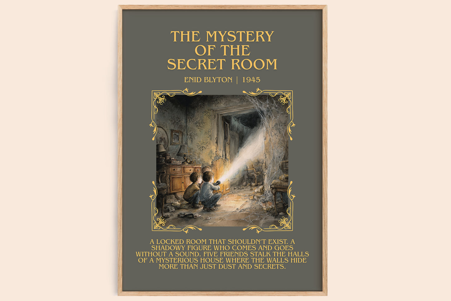 The mystery of the secret room minimalist book poster by Enid Blyton – framed literary art print
