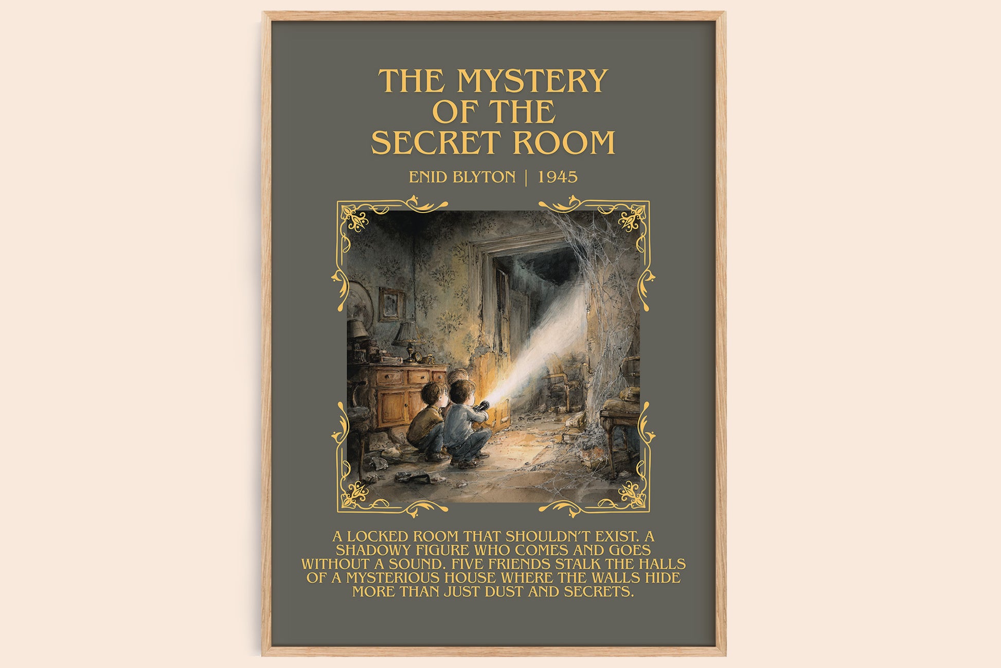 The mystery of the secret room minimalist book poster by Enid Blyton – framed literary art print