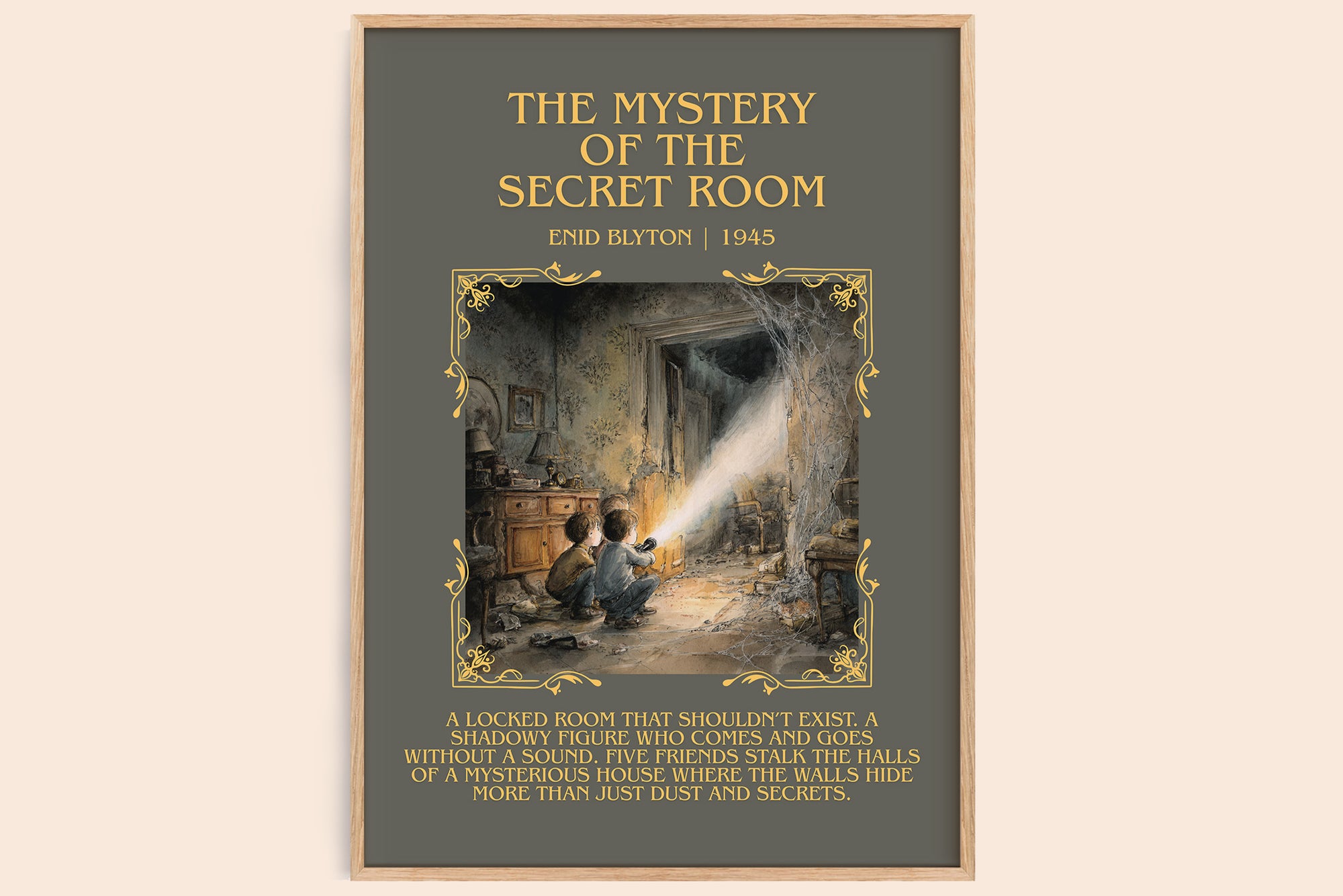 The mystery of the secret room minimalist book poster by Enid Blyton – framed literary art print