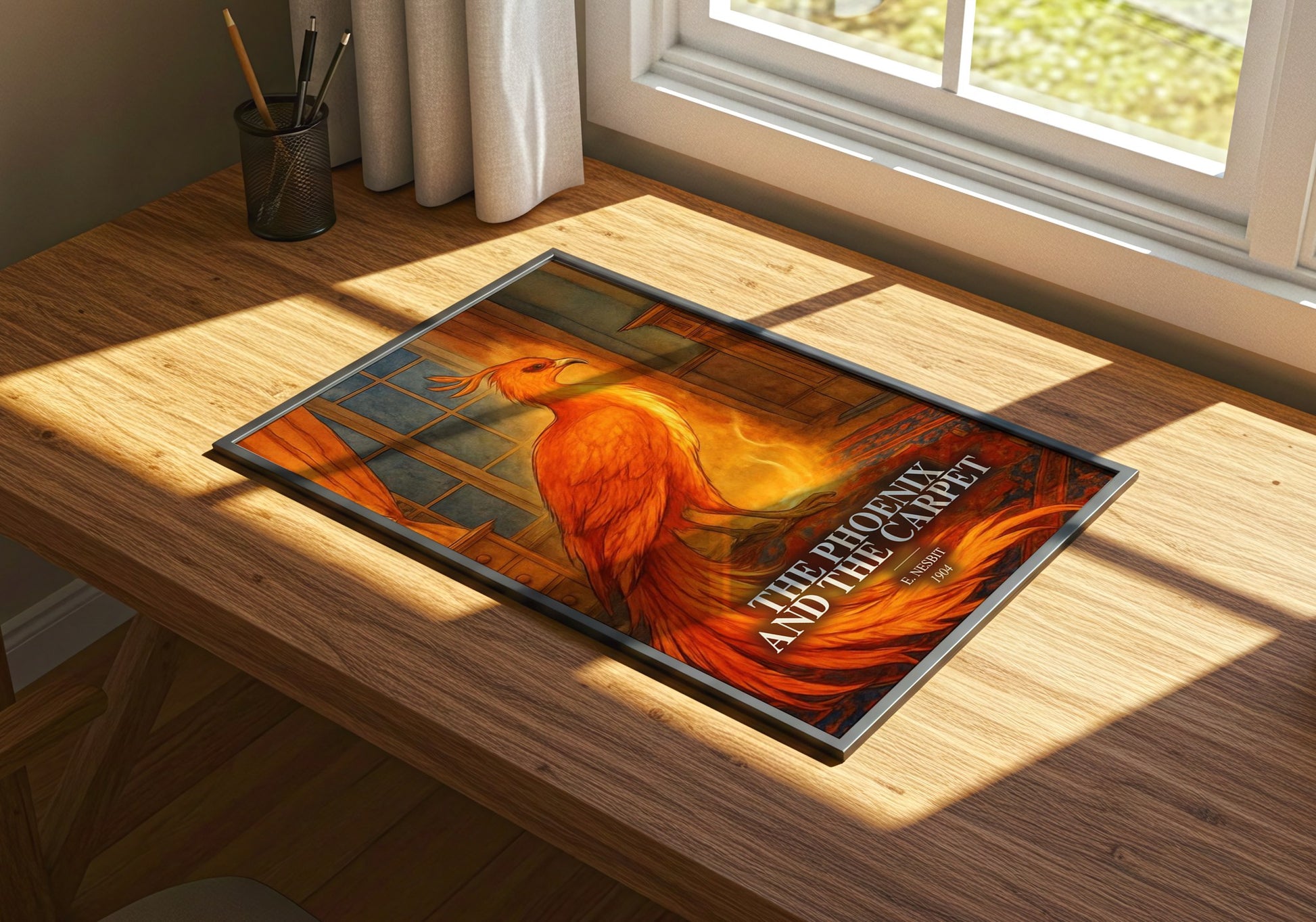 The Phoenix And The Carpet watercolour book poster framed on wall – childrens wall art