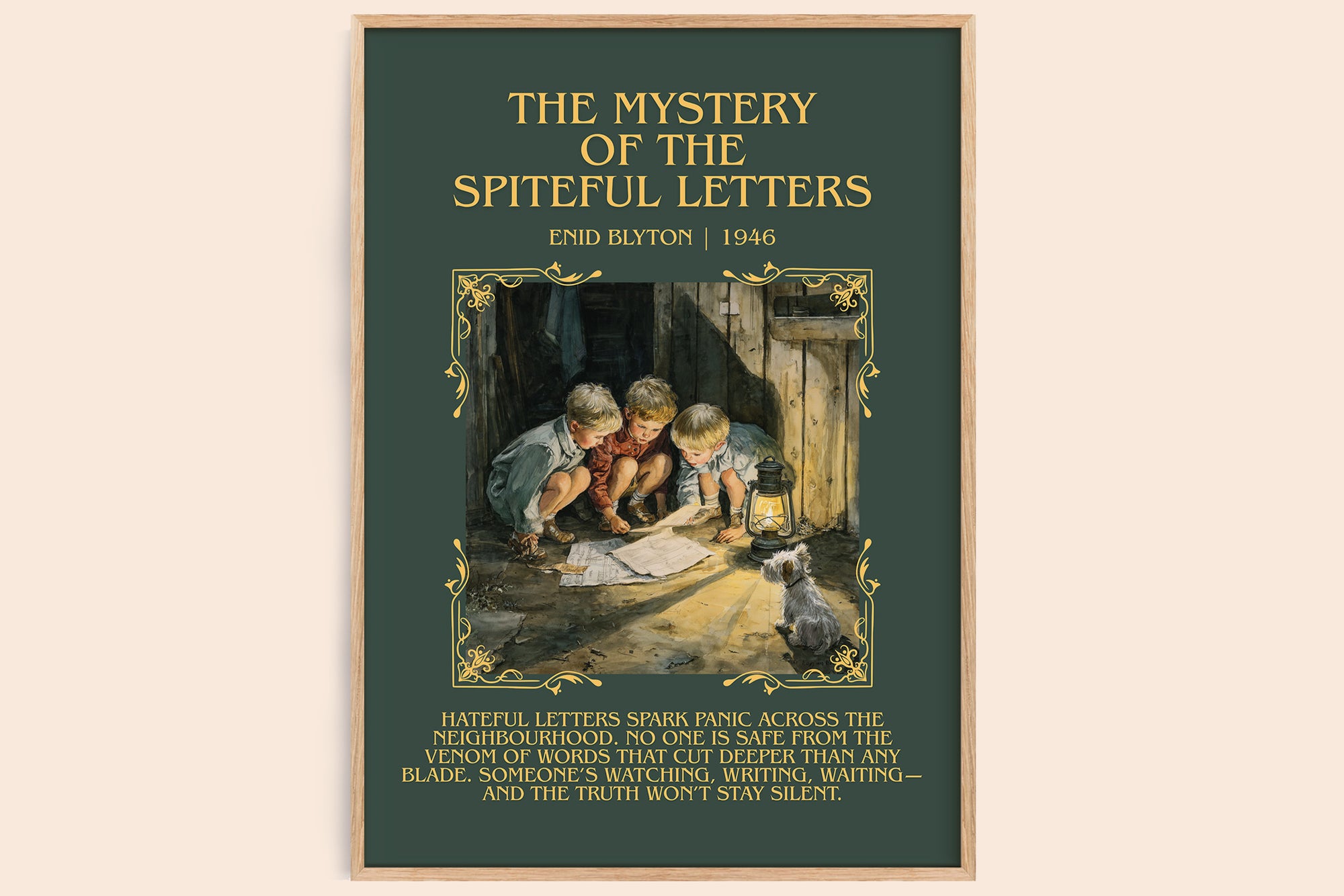 The Mystery Of The Spiteful Letters minimalist book poster by Enid Blyton – framed literary art print