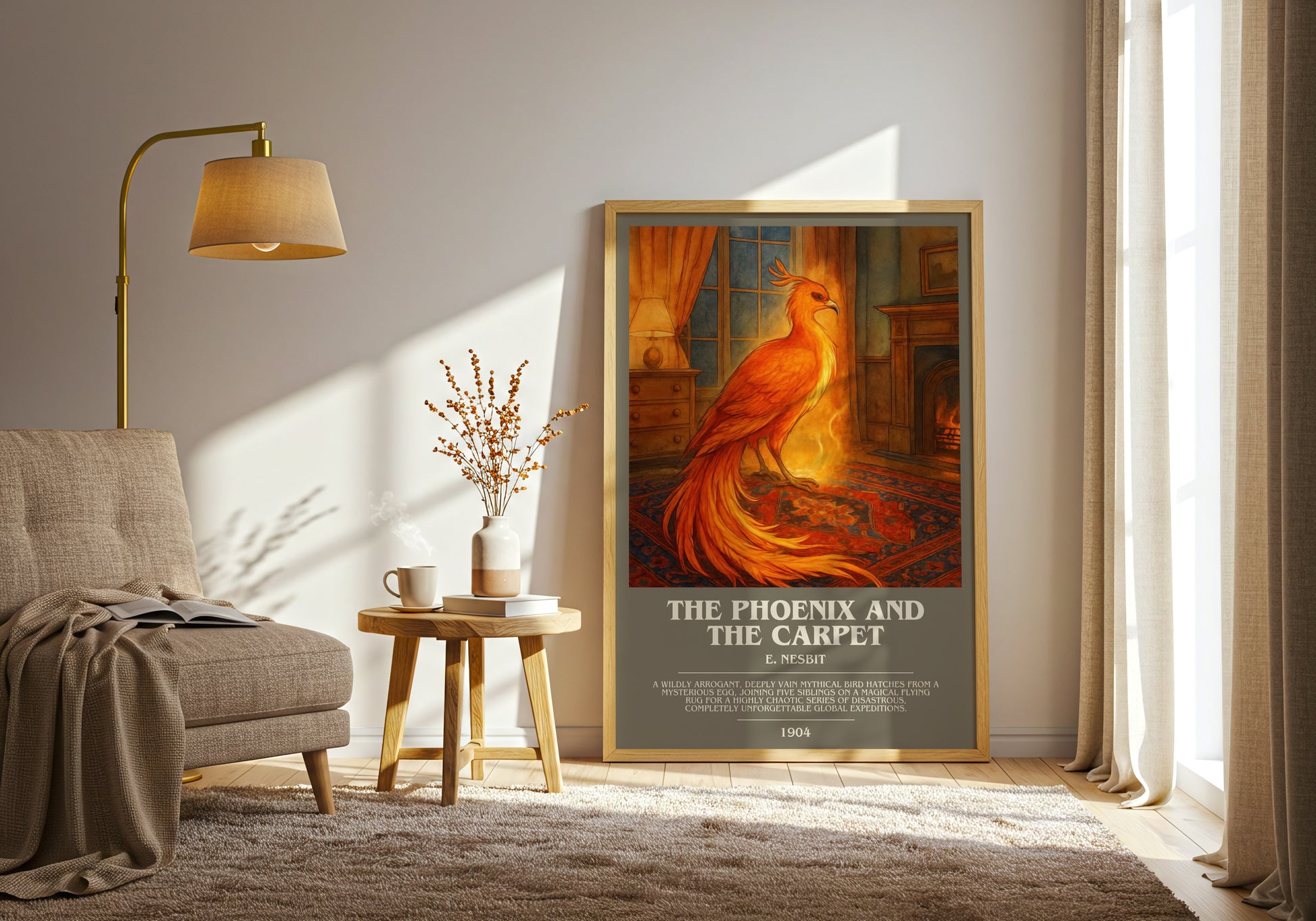The Phoenix And The Carpet bookish print on bookshelf – E. Nesbit fan gift