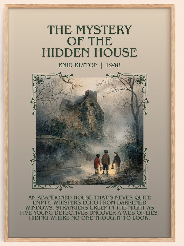 The Mystery Of The Hidden House minimalist book poster by Enid Blyton – framed literary art print