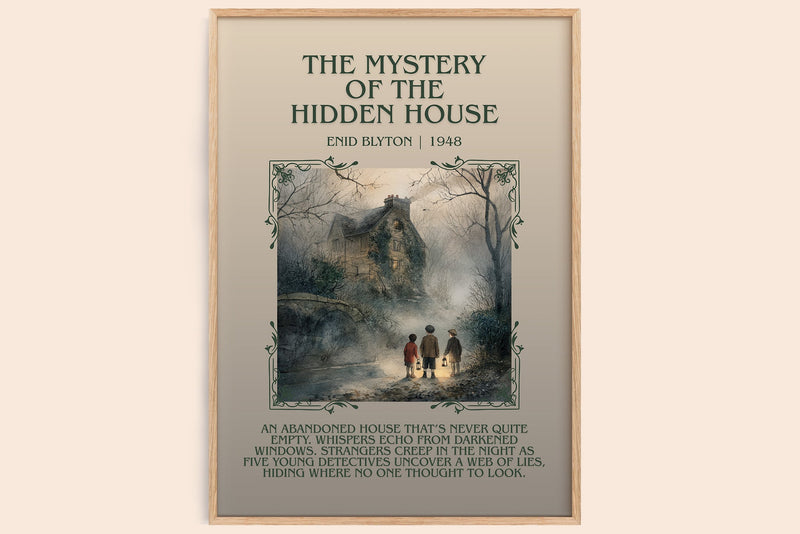 The Mystery Of The Hidden House minimalist book poster by Enid Blyton – framed literary art print