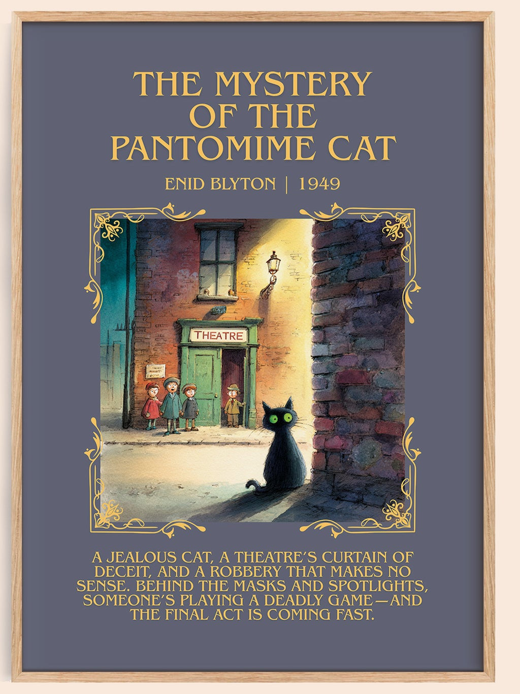 The Mystery of the Pantomime Cat minimalist book poster by Enid Blyton – framed literary art print