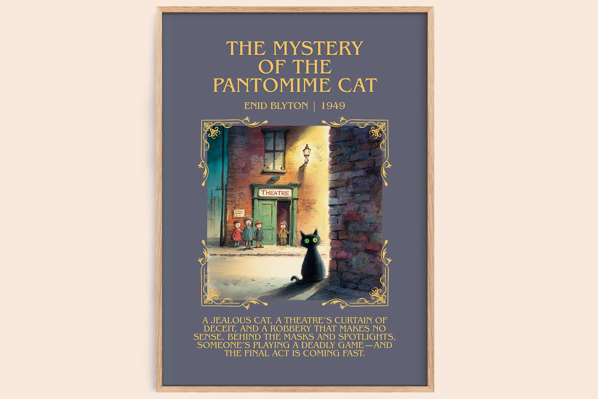 The Mystery of the Pantomime Cat minimalist book poster by Enid Blyton – framed literary art print