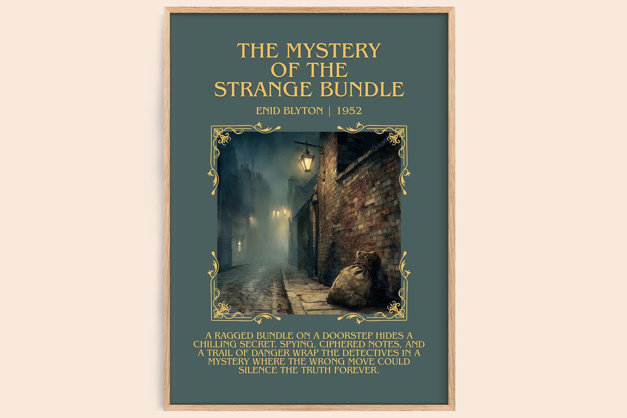 The Mystery of the Strange Bundle minimalist book poster by Enid Blyton – framed literary art print
