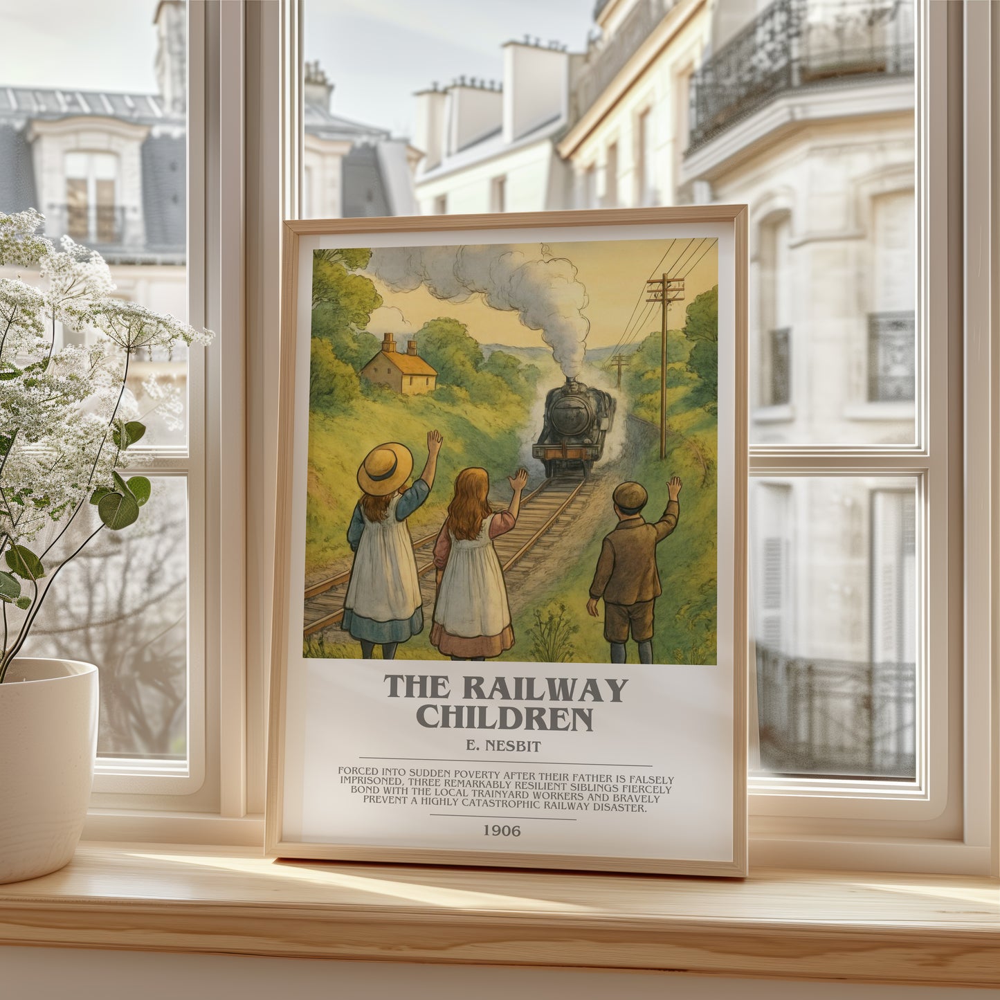 The Railway Children bookish poster colour and style options – E. Nesbit book art