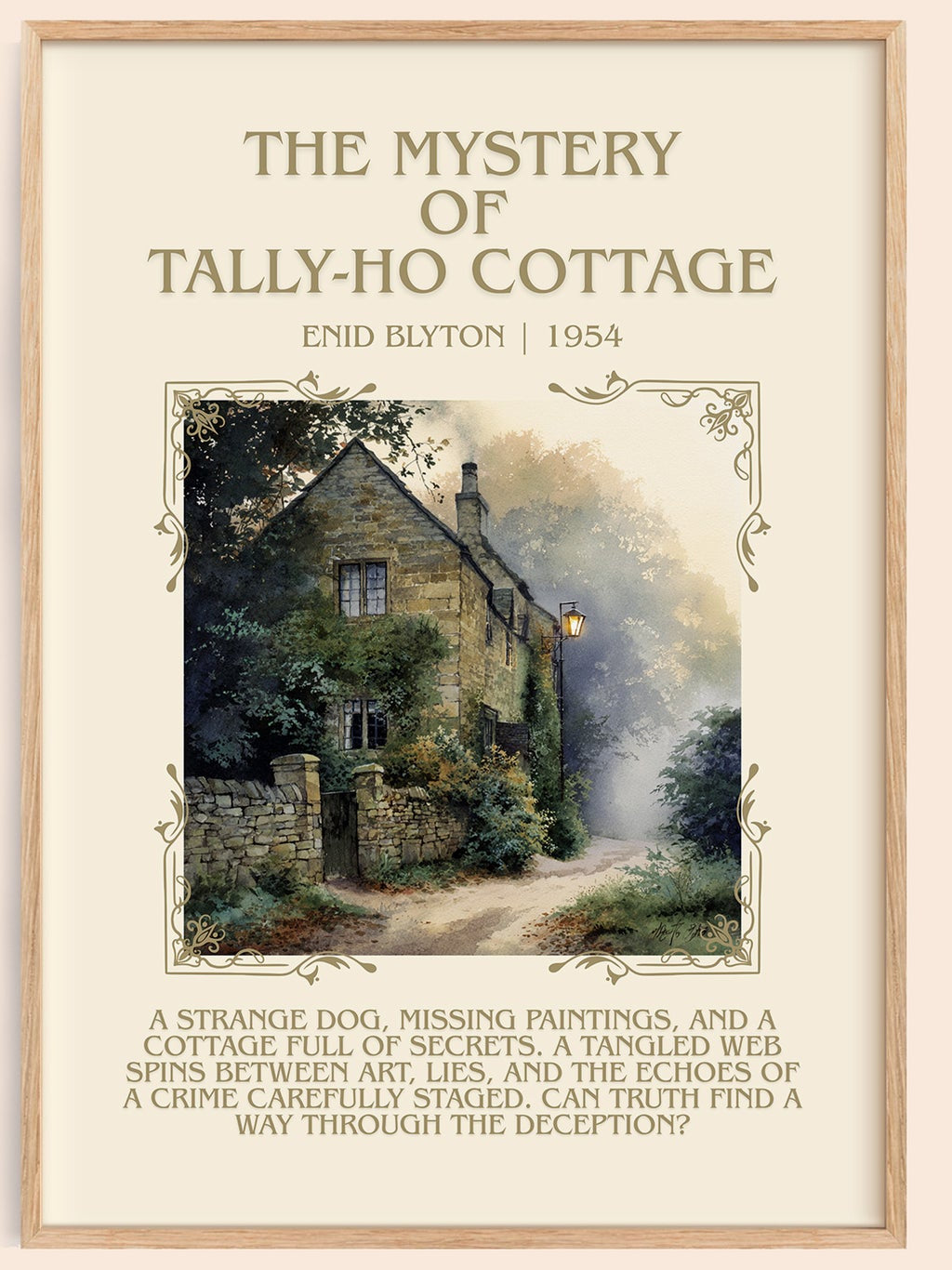 The Mystery of Tally-ho Cottage minimalist book poster by Enid Blyton – framed literary art print