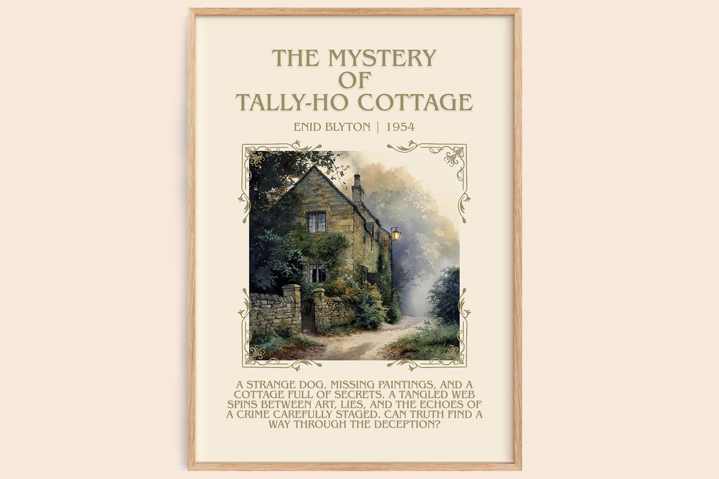 The Mystery of Tally-ho Cottage minimalist book poster by Enid Blyton – framed literary art print
