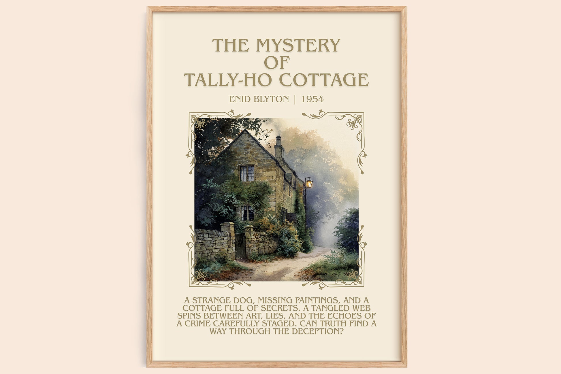 The Mystery of Tally-ho Cottage minimalist book poster by Enid Blyton – framed literary art print