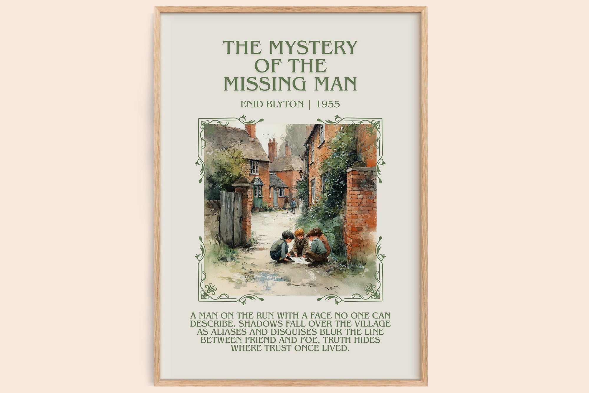 The Mystery Of The Missing Man minimalist book poster by Enid Blyton – framed literary art print