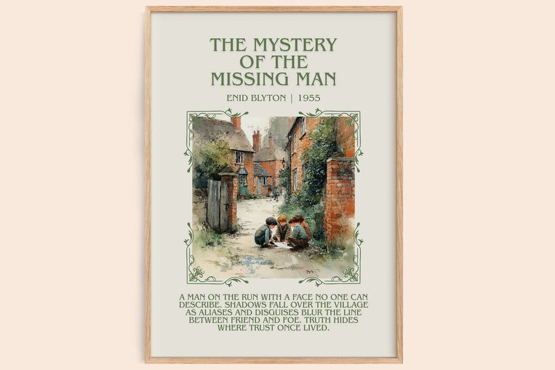 The Mystery Of The Missing Man minimalist book poster by Enid Blyton – framed literary art print