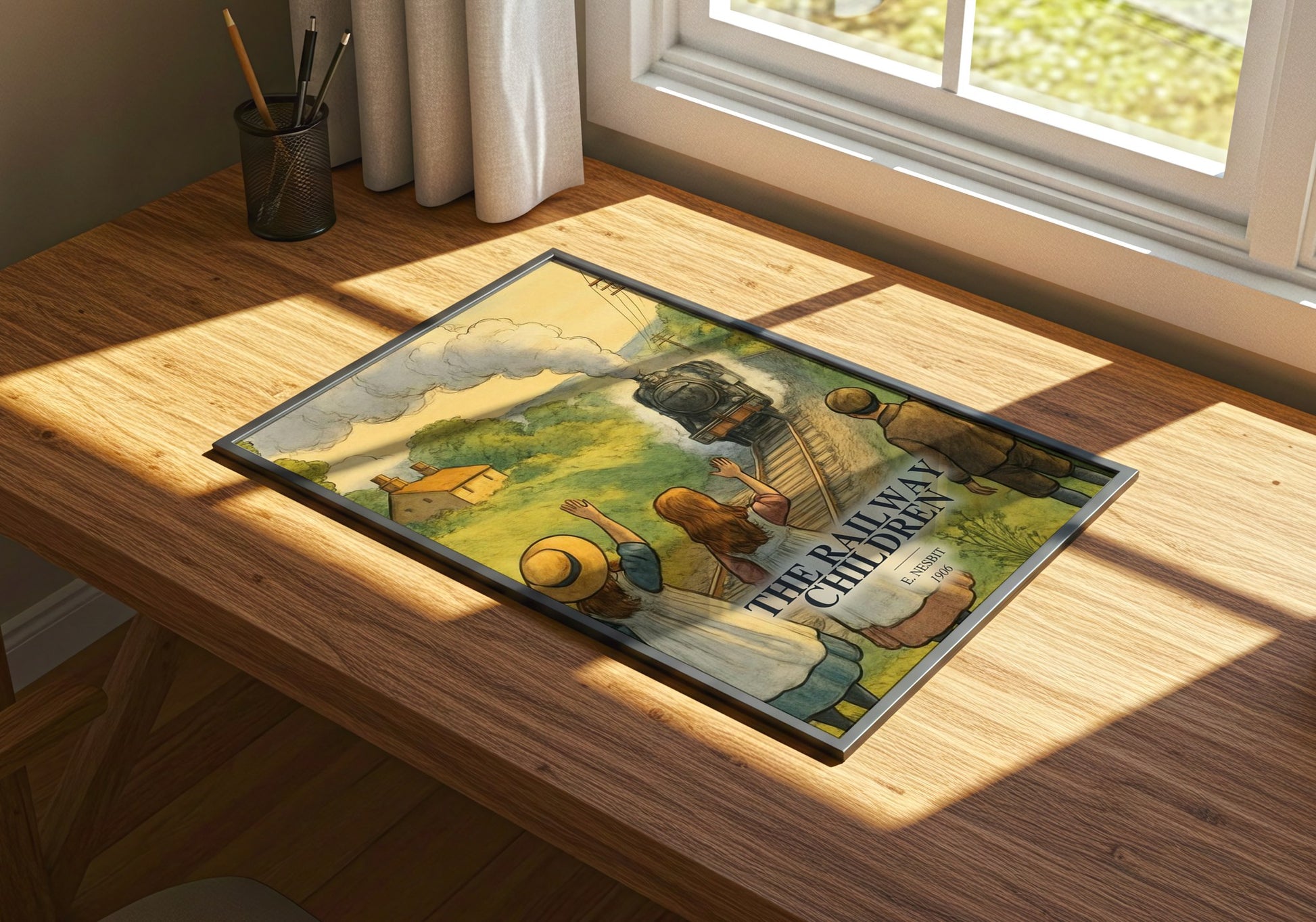 The Railway Children watercolour book poster framed on wall – childrens wall art