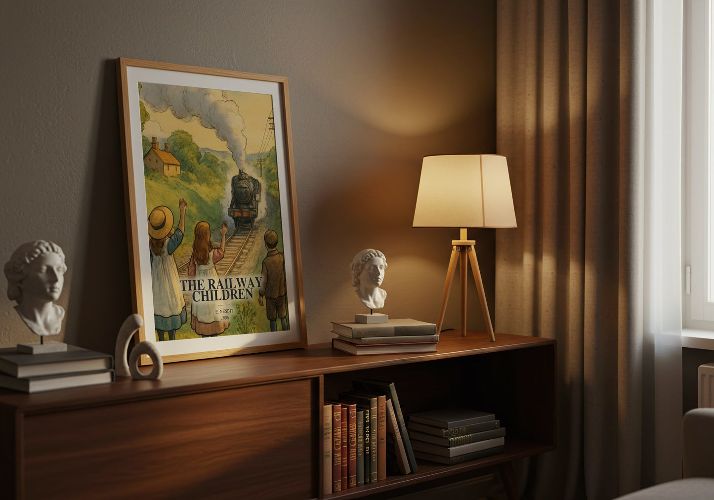 The Railway Children watercolour print on bookshelf – E. Nesbit fan gift