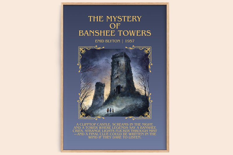 The Mystery Of Banshee Towers minimalist book poster by Enid Blyton – framed literary art print