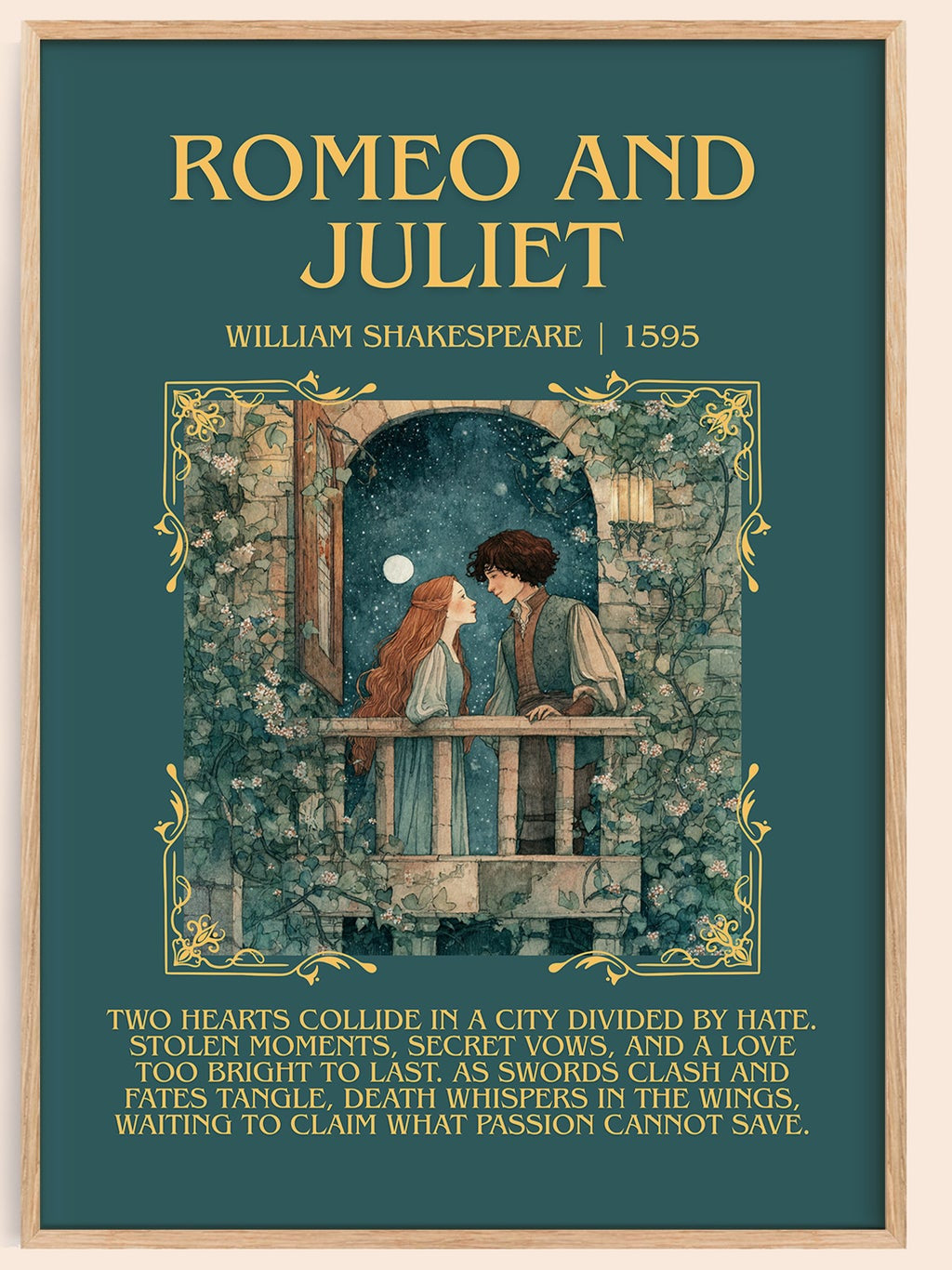 Romeo and Juliet minimalist book poster by William Shakespeare – framed literary art print